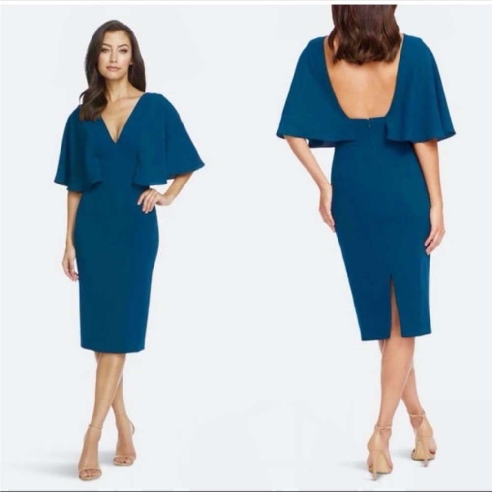 DRESS THE POPULATION Louisa Flutter-Sleeve Midi Dress Womens (Small) Pine Green